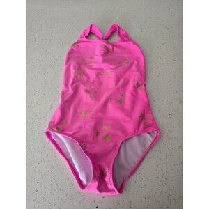 Girls Pink One Piece Swimsuit Gold Star Print Open Back Size M